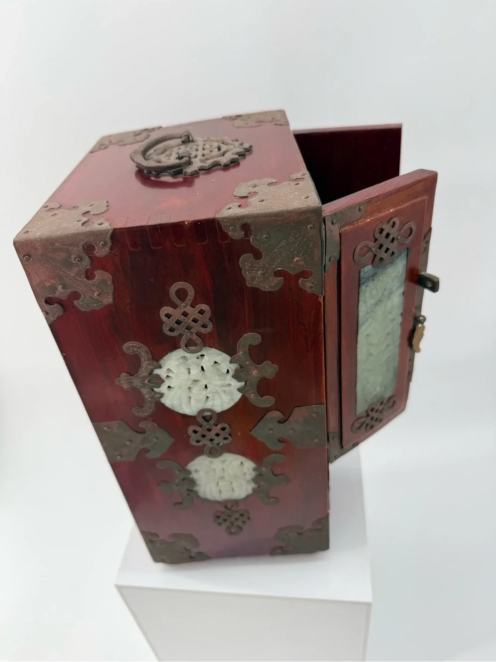 Antique-Style Red Wood Jewelry Cabinet with Jade Inlay - Unbranded